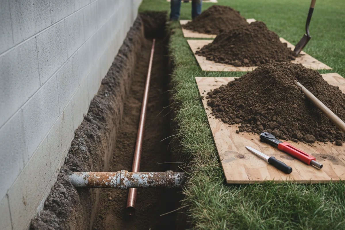 Excavated water line trench during Water Softener Installation in Plano